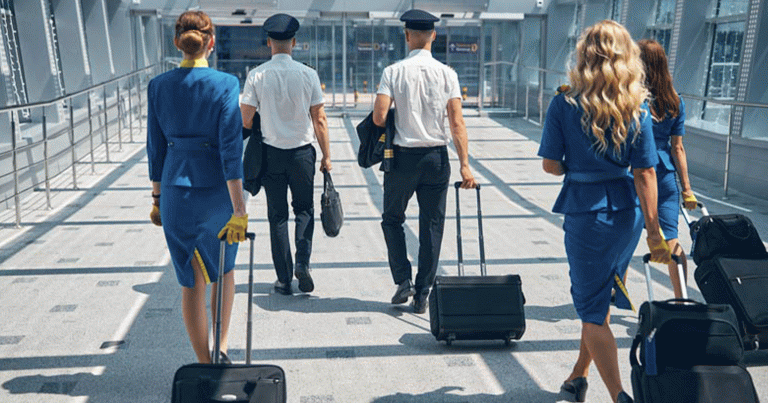 Airline workers carrying travel suitcases at airport terminal