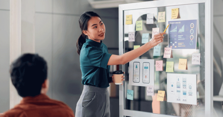 woman presenting project plan on glass board to a group in an office