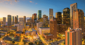 Downtown Houston city skyline at sunset