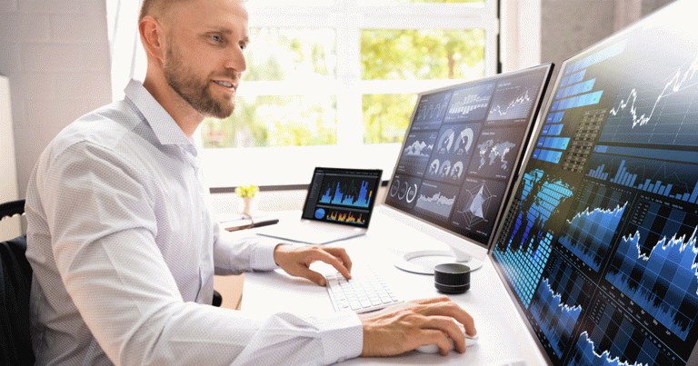 KPI Business Analytics Data Dashboard. Analyst Using Computer