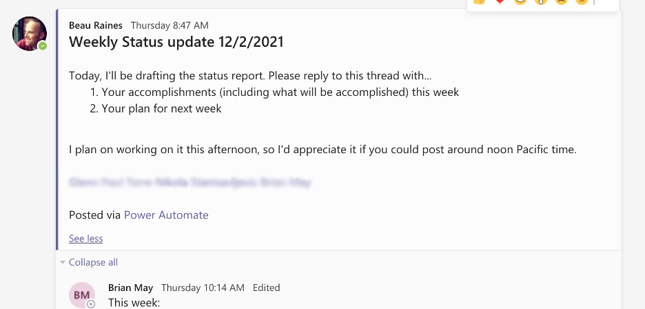 Teams weekly status update via Power Automate